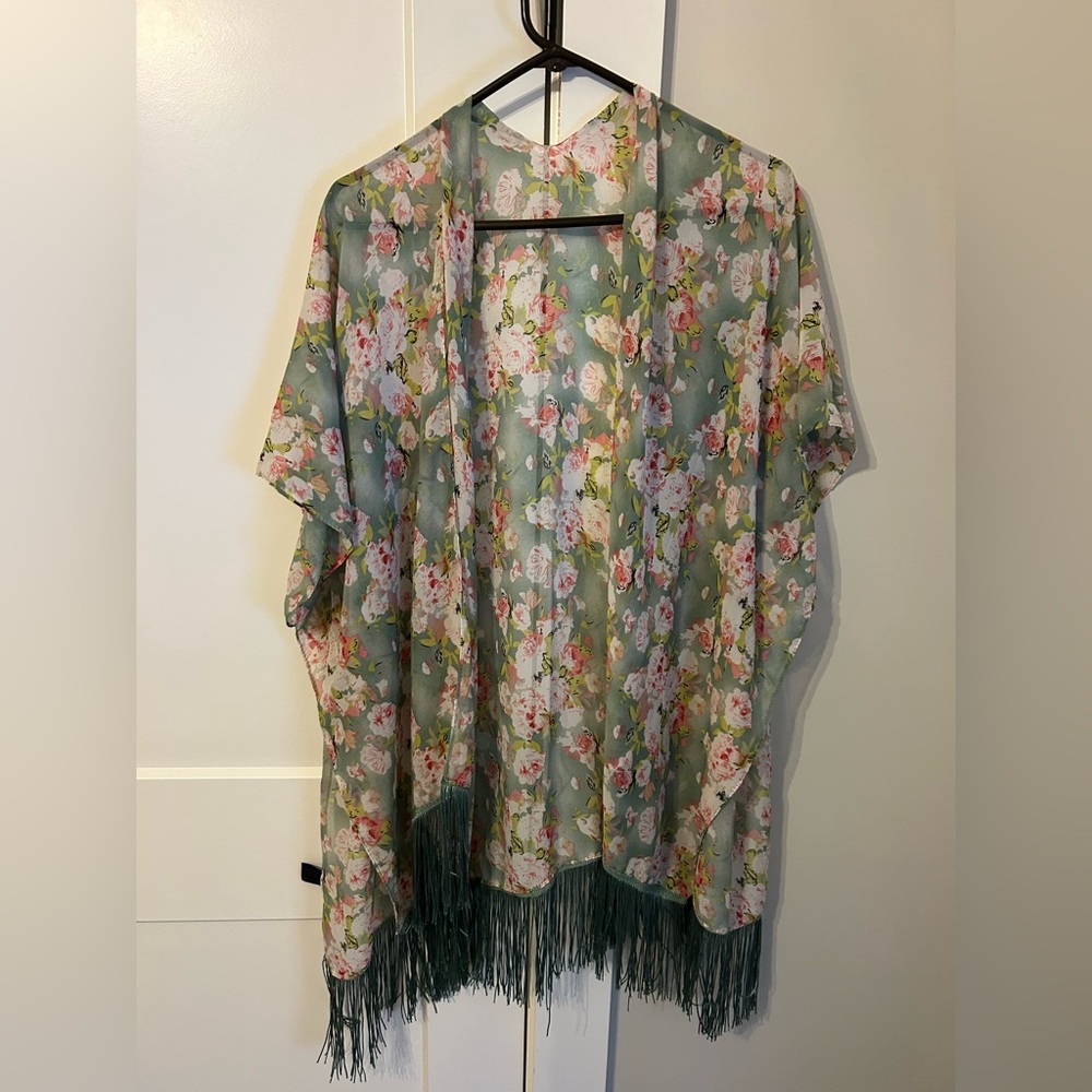Floral Kimono with Fringe - Picture 2 of 5